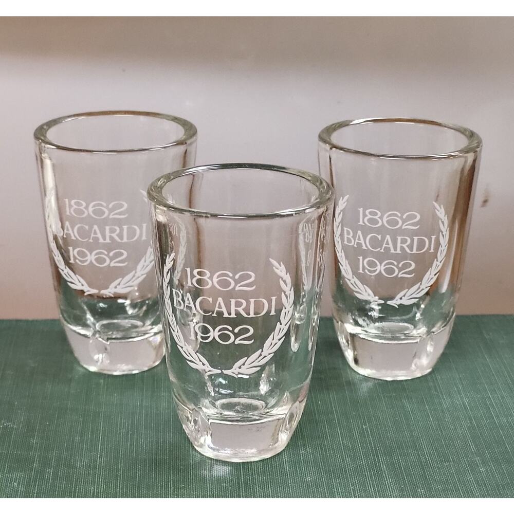 Vintage Bacardi Shot Glasses 1862–1962 Centennial Etched Logo Barware Set of 3